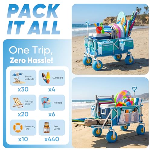 Sekey Heavy Duty Beach Wagon with 9" Big Sand-Proof Wheels, 300L Oversized Foldable Beach Cart with Cooler| Adjustable Han...