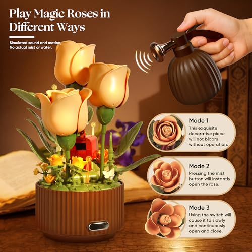 TekYetoi Magical Blooming Rose Building Set, Mothers Day Gifts for Mom - Electric Moving Flower Blocks with Interactive So...