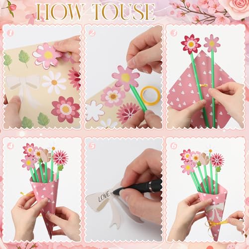 Motipuns 24 Sets Mother's Day DIY Paper Flower Bouquet Craft Kit Bulk for Kids Make Your Own Flower Bouquet DIY Craft Scho...