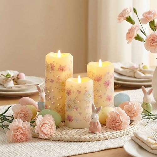 Eywamage Fiber Optic Flameless Pillar Candles with Remote, Floral Butterfly Spring LED Candles Flickering Easter Home Deco...