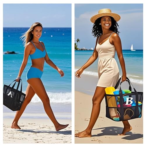 wanchel Personalized Mesh Beach Bag for Women - Waterproof Initial Tote Bag for Family Travel, Toys, Vacation Essentials