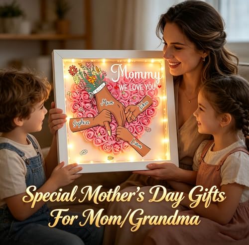 ROSLILY Personalized Mom Flower Shadow Box with Kids Names, Mommy Holding Hands Shadow Box, Custom Light Up Mother's Day P...