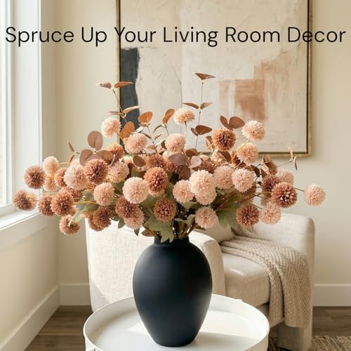 22pcs Artificial Beige & Brown Kiku Flowers with Eucalyptus Stems Bulk, Faux Silk Mum Pom Poms for Vase, Modern Farmhouse ...
