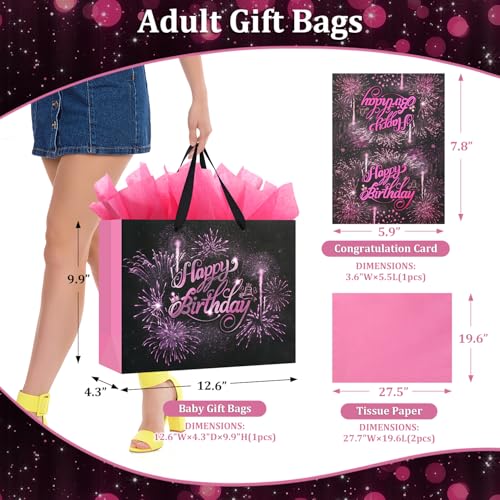 BeiLaad Pink Birthday Gift Bag with Tissue Paper and Greeting Card, 12.6“ Happy Birthday Gift Bags for Party, Fireworks De...