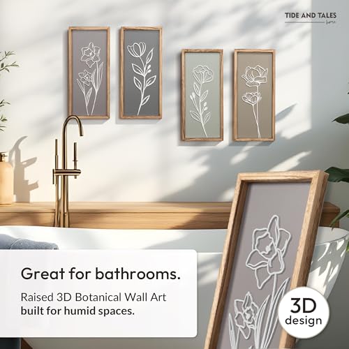 3D Wooden Floral Bathroom Wall Decor (Set of 4) Lightweight, Ready-to-Hang Framed Wall Art For Living Room, Bedroom, or Of...