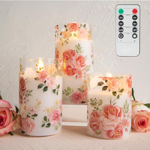 LUSHARBOR Flameless Candles with Remote, Battery Operated Glass Candles Pink Rose Flickering LED Candles Real Wax Floral C...