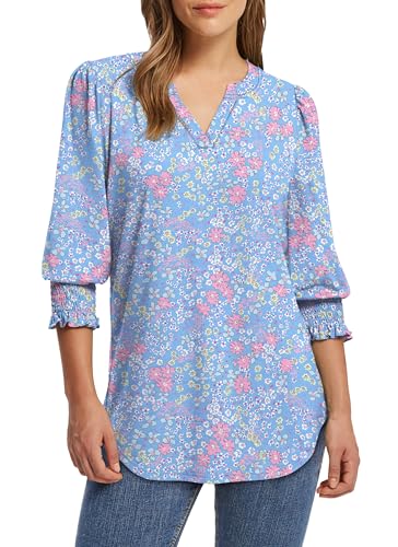 XIEERDUO Blouses for Women Dressy Casual 3/4 Length Sleeve Womens Tops V Neck T Shirts with Smocked Cuffs