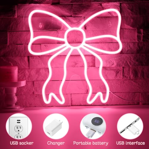 Retisee Pink Bow LED Neon Sign Bedroom Women Room Neon Light Sign Coquette Aesthetic Home Wall Preppy Dorm Beauty Room Sal...
