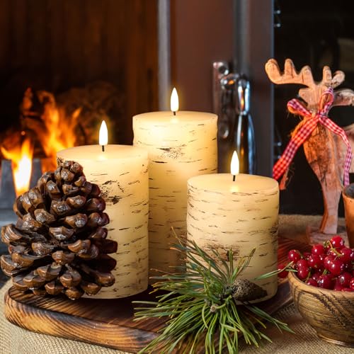 Eywamage Birch Bark Flameless Pillar Candles with Remote, Flickering Rustic Battery LED Wood Candles Set of 3