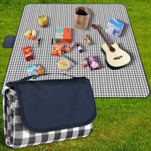 GUSUWU Picnic Blanket Waterproof Beach Rug 80''x80'' Picnic Mat Washable Lightweight with Handle Navy Blue Checkered for H...