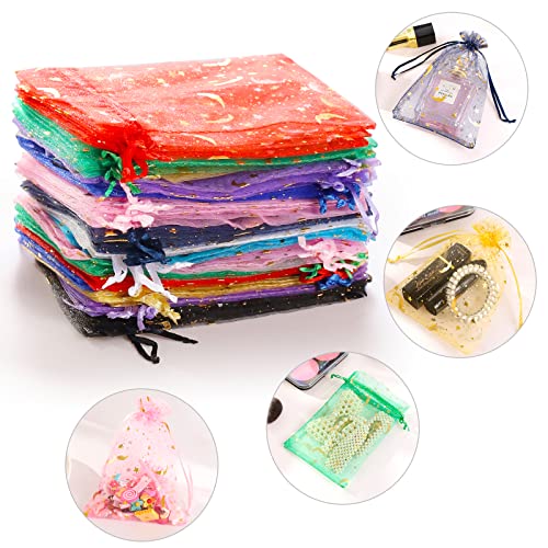 ENNIYU 100 Pieces Moon Star Organza Bags, 4x6“ Mixed Color Christmas Wedding Favors Gift Drawstring Bags Jewelry Pouches C...