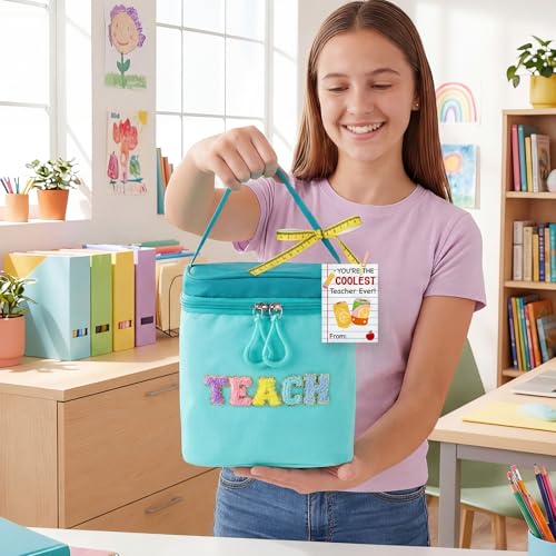 Summer Teacher Appreciation Gifts Teach Chenille Letter Cooler Bag with Ribbon Thank You Tag Wooden Clamp Cooler Bag for E...