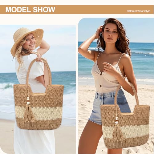 Long Keeper Beach Bags for Women Summer Straw Bag with Zipper Woven Shoulder Handbag Beach Tote Bags for Travel Vacation