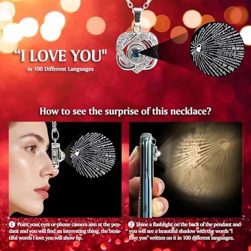 woxafo Preserved Real Red Rose with I Love You Heart Necklace 100 Languages - Eternal Flowers Rose Birthday Gifts for Wome...
