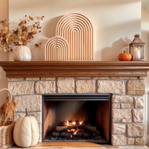 Nawwoo 2 Pcs Natural Wood Arch Decor, Boho Shelf & Serving Board for Fireplace Mantel, Kitchen Counter - Light Pine Finis...