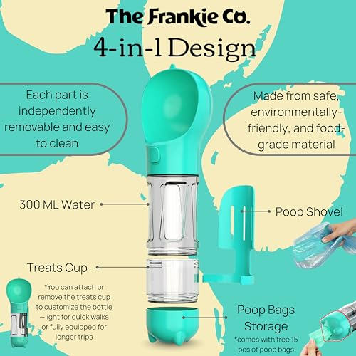 The Frankie Co. 4 in 1 Dog Water Bottle, Leakproof Pet Water Dispenser with Bowl, Poop Bag Holder & Shovel, Dog Travel Acc...