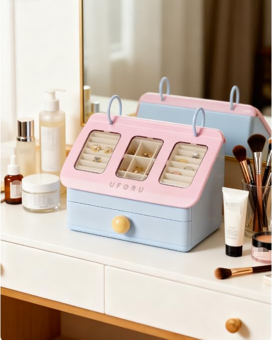 Reflygen Lovely Jewellery Storage Box,Multi-Compartment Clear Window For Earrings,Rings,Necklaces,Portable Desktop Storage...