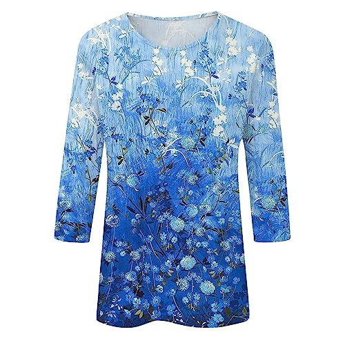 Women's 3/4 Sleeve Crew Neck Tops Floral Print Tunic Cute Loose Basic Tee Shirts Casual Trendy Blouses Spring Summer