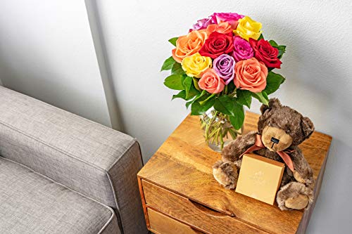 From You Flowers - One Dozen Rainbow Roses with Chocolates & Bear with Glass Vase | Fresh Flower Bouquets for Birthday, An...