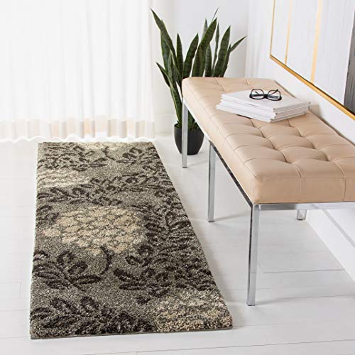 SAFAVIEH Florida Shag Collection Runner Rug - 2'3" x 7', Smoke & Dark Brown, Floral Design, Non-Shedding & Easy Care, 1.2-...