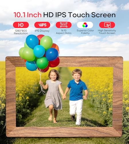 Frameo 10.1" Digital Picture Frame with 32GB Memory WiFi Electronic Photo Frame Wood 1280 x 800 IPS Touch Screen Auto-Rota...
