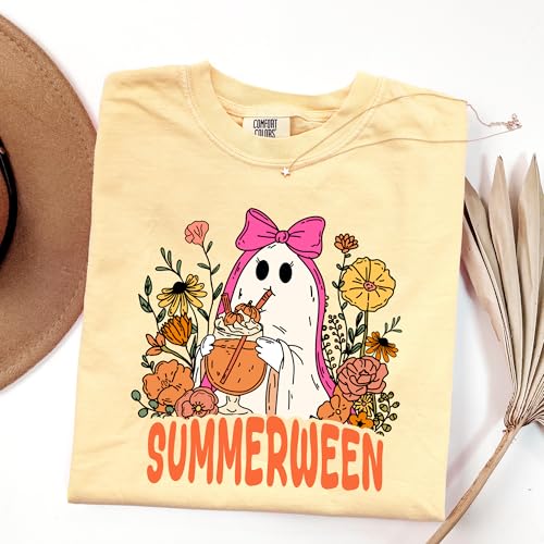 Summerween Ghost Design - Womens Comfort Colors - Butter Yellow Retro Halloween Floral Graphic Tee