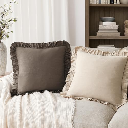 Foindtower Set of 2 Decorative Soild Fringe Ruffle Throw Pillow Covers Soft Boho Farmhouse Cushion Cover Cozy Accent Retro...