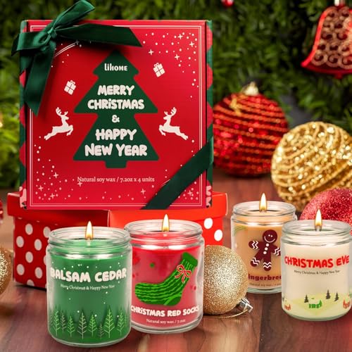 Christmas Candles - Christmas Gifts for Women & Men, 4 Pack Natural Soy Wax with Holiday Scents, Perfect for Xmas, New Yea...