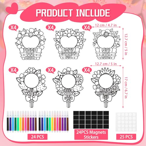 24 Set Mothers Day Crafts Picture Frame Fridge Magnet with Paint Pen Magnet, Mothers Day DIY Art Paper Flower Decorations ...