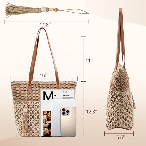 iSamzan Straw Tote Bag for Women: Handwoven Beach Purse with Cutout Design for Travel & Pool Day | Lightweight, Shopping, ...