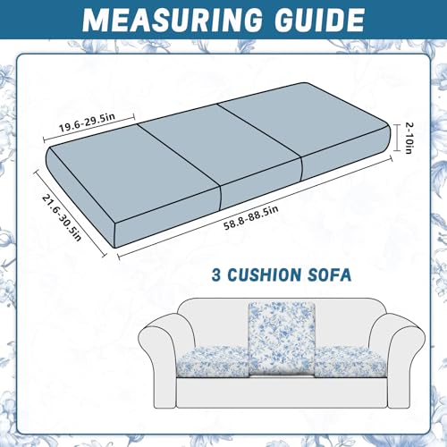 Preboun 3 Pcs Blue Floral Printed Couch Cushion Covers Stretch Chinoiserie Washable Non-Slip Sofa Slipcover Blue Toile Rep...
