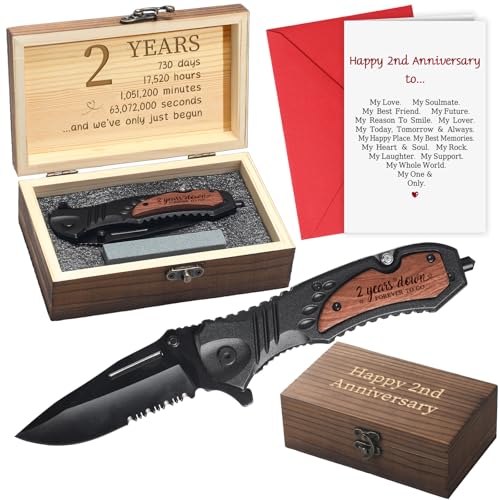 Leriton 2 Years Anniversary Keepsake Gifts for Him Men Husband Engraved Pocket Folding Knife with Wood Box Tin Anniversary...