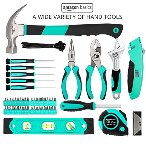 Amazon Basics 104-Piece Home Repair Household Tool Set with Easy Carrying Round Pouch, Portable Hand Tool Kit, Turquoise, ...