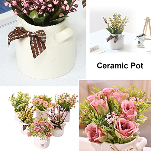 LUEUR 6Pcs Artificial Flowers with Ceramic Pot Fake Flower Arrangements Small Faux Spring Flowers in Vase Spring/Summer De...
