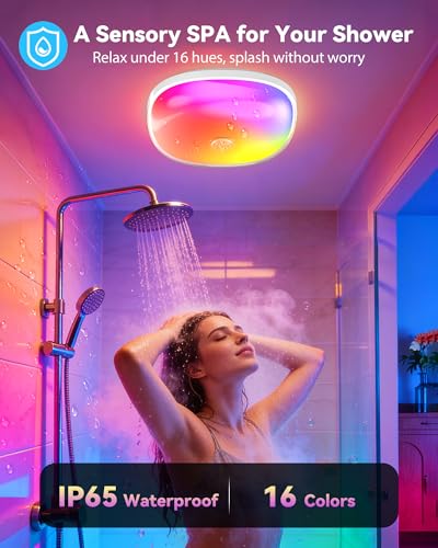 Gotopceed IP65 Waterproof Rechargeable Shower Light - 6″ 300LM Bright, 16 Colors Bathroom Mood Lighting with Touch & Remot...