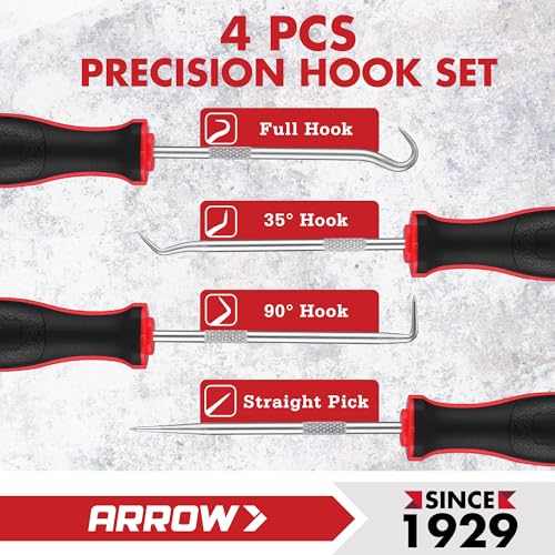 ARROW 4-Piece Precision Hook and Pick Set with Pouch, Mini Pick Tool Set for Automotive Mechanic, O-Ring Removal Tool, Oil...