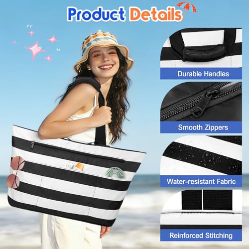 BKNOOU Extra Large Beach Bags Waterproof Sandproof XL Beach Tote Bag for Women Zipper Foldable Swim Pool Bag with Wet Pocket