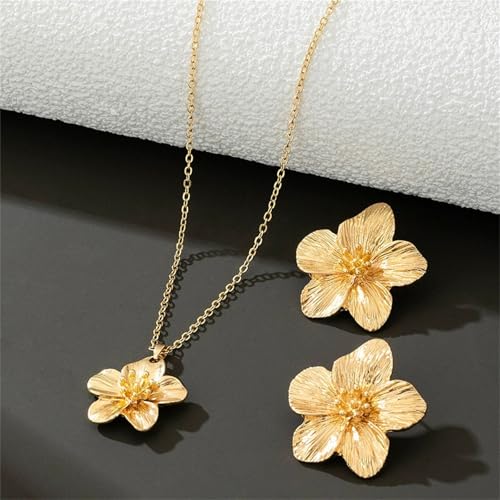 MALOYANVE Golden Flower Necklace Earring Ring Bracelet Set for Women Gold - Toned Floral Jewelry Set Elegant Flower - Shap...