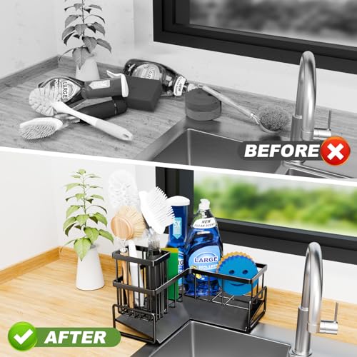 Fikoksol Large Sponge Holder for Kitchen Sink, 90-Degree Sink Caddy Organizer with Dish Brush Holder for Countertop Corner...
