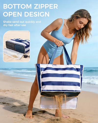 WANDF Beach Bags for Women, Large Waterproof Sandproof Beach Tote Bag with Zipper Family Pool Bags with 40oz Tumbler Pocke...
