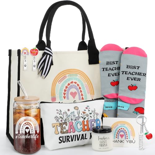 Skylety 9 Pcs Teacher Gift Set for Women Trapezoid Grocery Canvas Tote Bags with Handle Glass Jar Tumbler Scented Candle B...