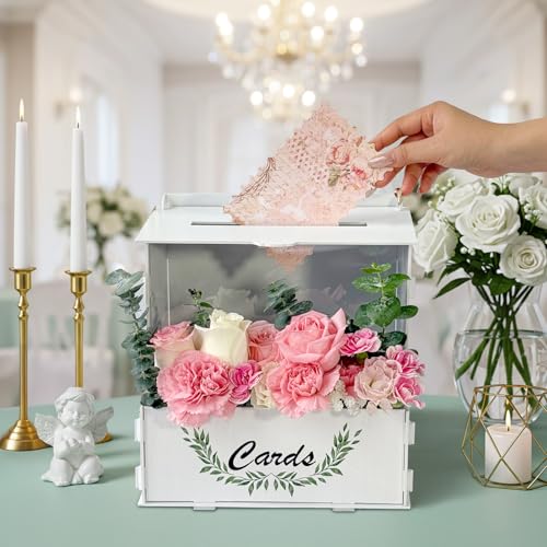 OurWarm Wooden Wedding Card Box with Acrylic Board & Flower Trough, White Gift Card Box for Wedding, Envelope Boxes for Gi...