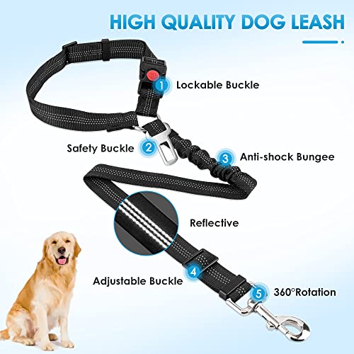 SlowTon Dog Seat Belt for Car, 2 Pack Dog Car Harness Seatbelt Adjustable with Elastic Bungee Buffer, 2 in 1 Pet Car Leash...