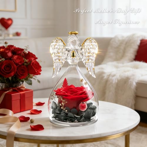 Sunia Gifts for Mom Birthday Gifts for Women, Mothers Day Preserved Real Roses in Glass Angel Figurine Forever Flowers for...
