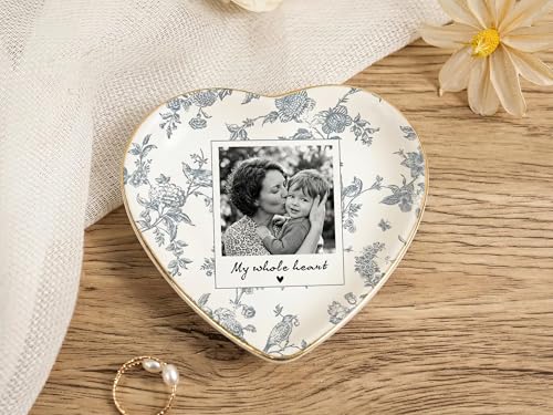 Custom Photo Heart Ceramic Jewelry Dish Personalized Toile Floral Ring Holder Tray Unique Mother’s Day Keepsake For Mom Gr...