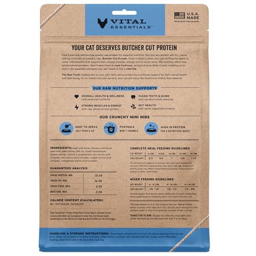 Vital Essentials Freeze Dried Cat Food, Raw Beef & Chicken Crunchy Mini Nibs | Complete Meal or Topper | 96% Beef, Chicke...
