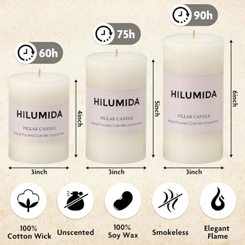 White Pillar Candles Set of 3 - Hand-Poured Unscented Candles, Smokeless Decorative Candles for Home, Set of 3 in Differen...