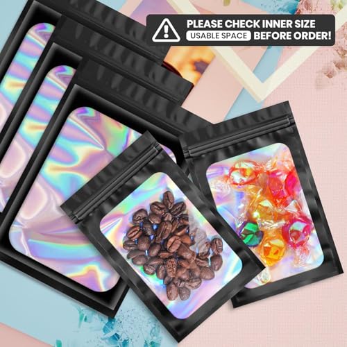 Funfery 100 pcs Black Mylar Holographic Resealable Bags,Clear Packaging Bag Odor Proof Foil Pouch Bag for Food Storage, Li...