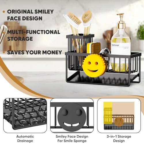 Taugast Sponge Holder for Kitchen Sink,Smiley Face Sink Caddy with Removable Brush Holder,Self-Draining Sponge Caddy for S...