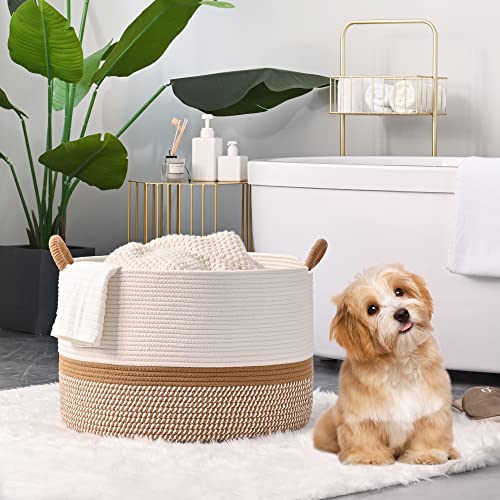 KAKAMAY Large Blanket Basket (20"x13"),Woven Baskets for storage Baby Laundry Hamper, Cotton Rope Blanket Basket for Livin...